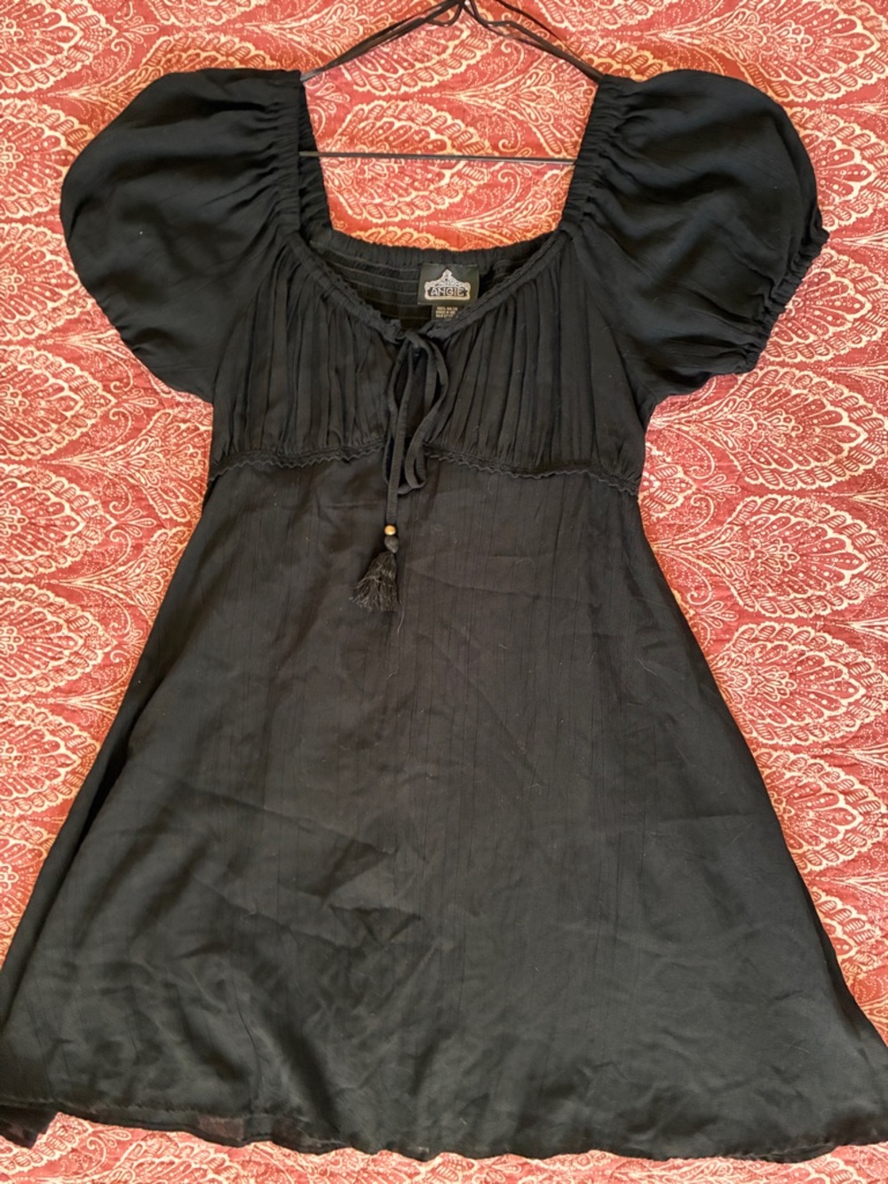 Angie Black Puff-Sleeve Peasant Dress